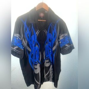 Vintage Y2K Dragonfly Roadhouse Flames Button Up Shirt Men's M‎ Black Blue